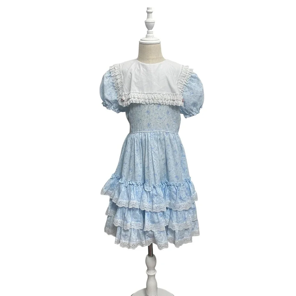 Vintage Golden Age Formal Dress Size 8 Blue & White‎ Ruffled Lace Round Tiered